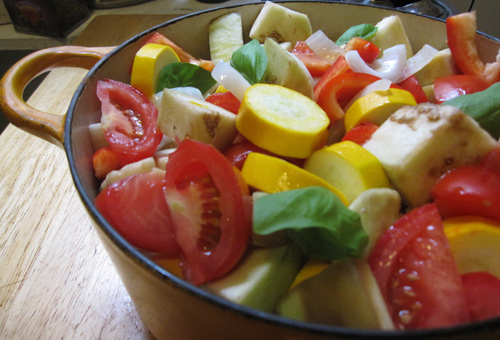 Just after the vegetables have been added, ready to stew.