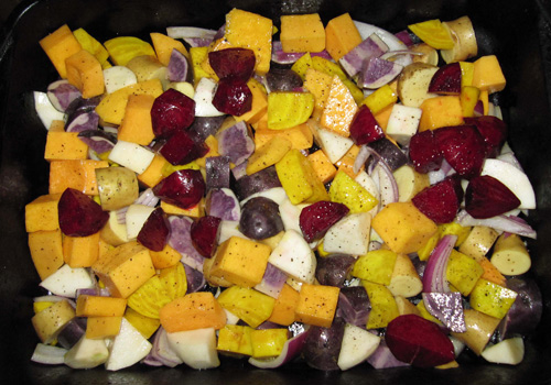 Roasted Root Vegetables including beets, fingerling potatoes of various colors, sweet potato, turnips, red onion, plus butternut squash Roasted Vegetables